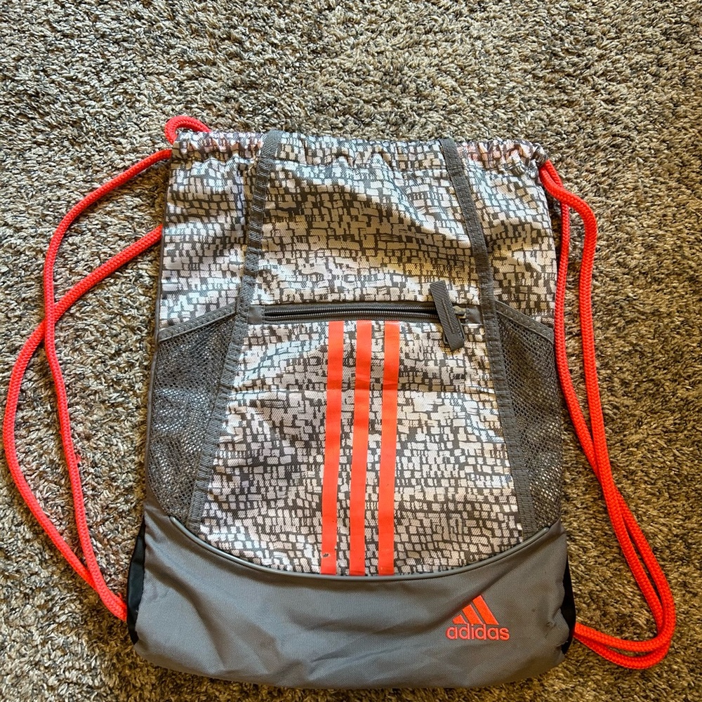 Adidas Gray and Red Drawstring Backpack